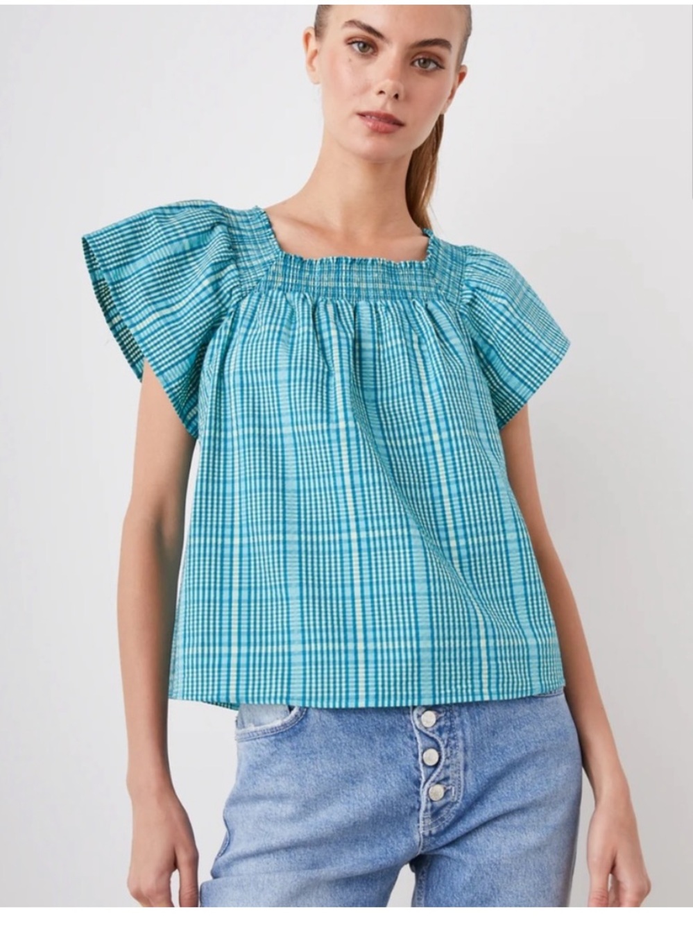Rails Sonora Turquoise Plaid Smocked Square-Neck Blouse